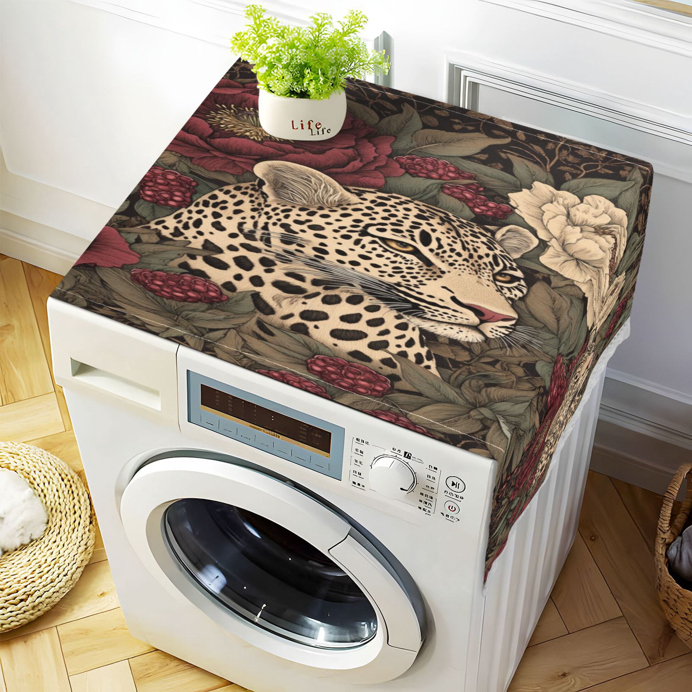 Washing Machine Cover 51.2x22in, Durable Polyester Dust Cover with Lace Trim and Side Pocket for Appliances Roses Leopard