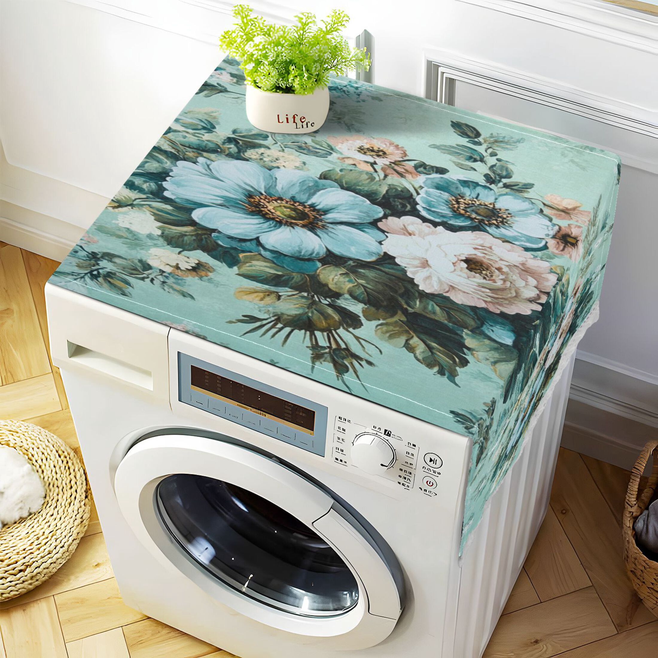 Washing Machine Cover 51.2x22in, Durable Polyester Dust Cover with Lace Trim and Side Pocket for Appliances Shabby Chic Bouquet