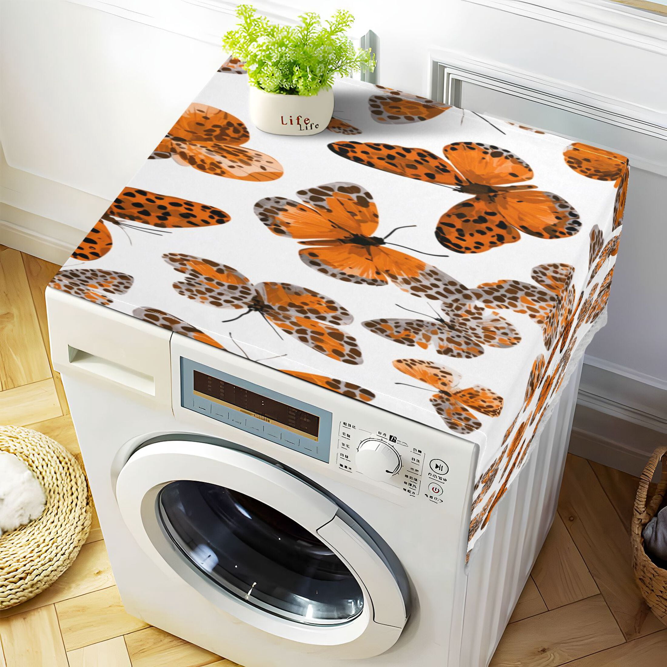 Washing Machine Cover 51.2x22in, Durable Polyester Dust Cover with Lace Trim and Side Pocket for Appliances Spotted Butterfly