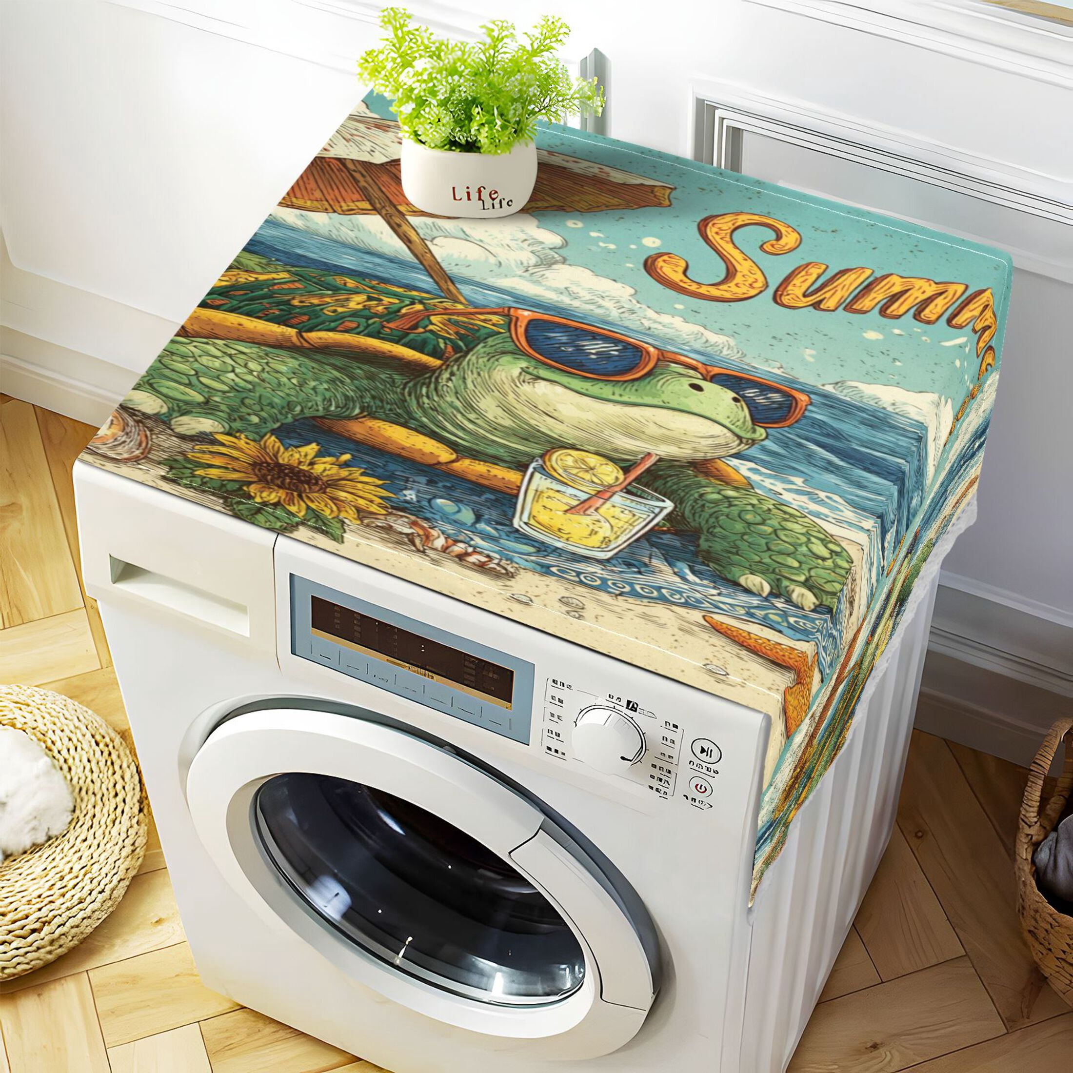 Washing Machine Cover 51.2x22in, Durable Polyester Dust Cover with Lace Trim and Side Pocket for Appliances Summer Turtle