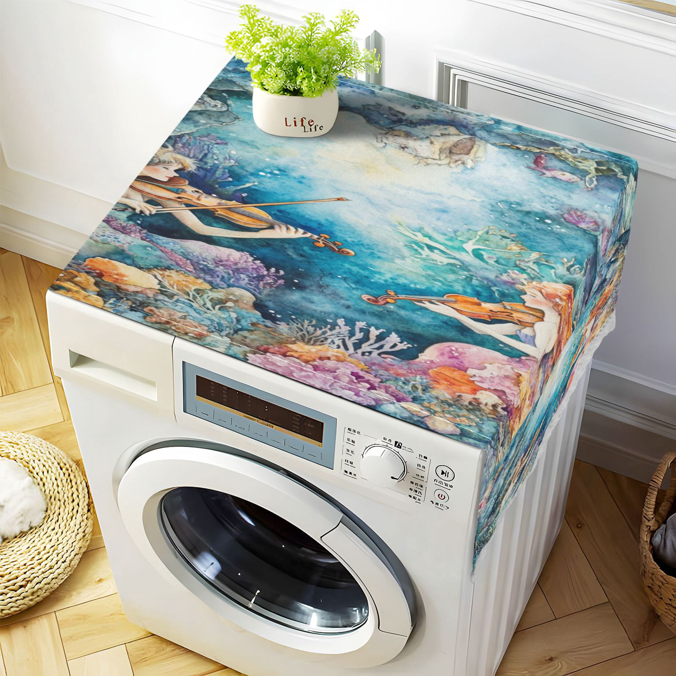 Washing Machine Cover 51.2x22in, Durable Polyester Dust Cover with Lace Trim and Side Pocket for Appliances The Mermaid Plays Music