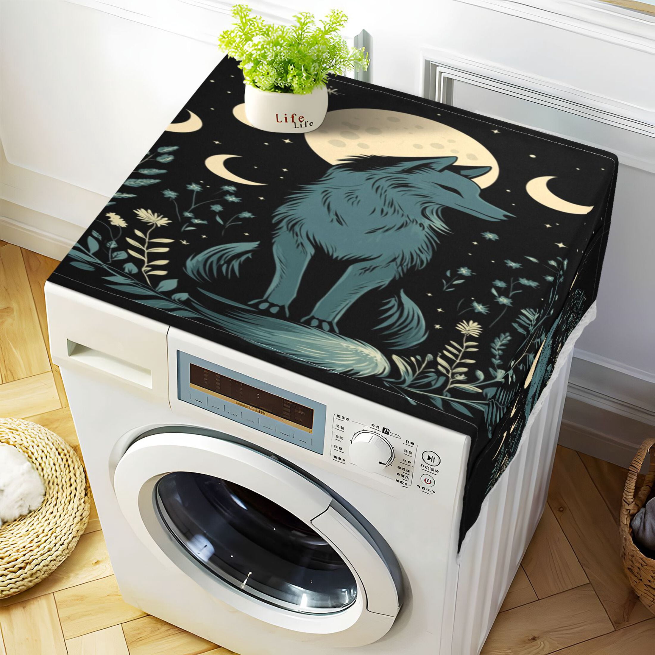 Washing Machine Cover 51.2x22in, Durable Polyester Dust Cover with Lace Trim and Side Pocket for Appliances The Moon Fox