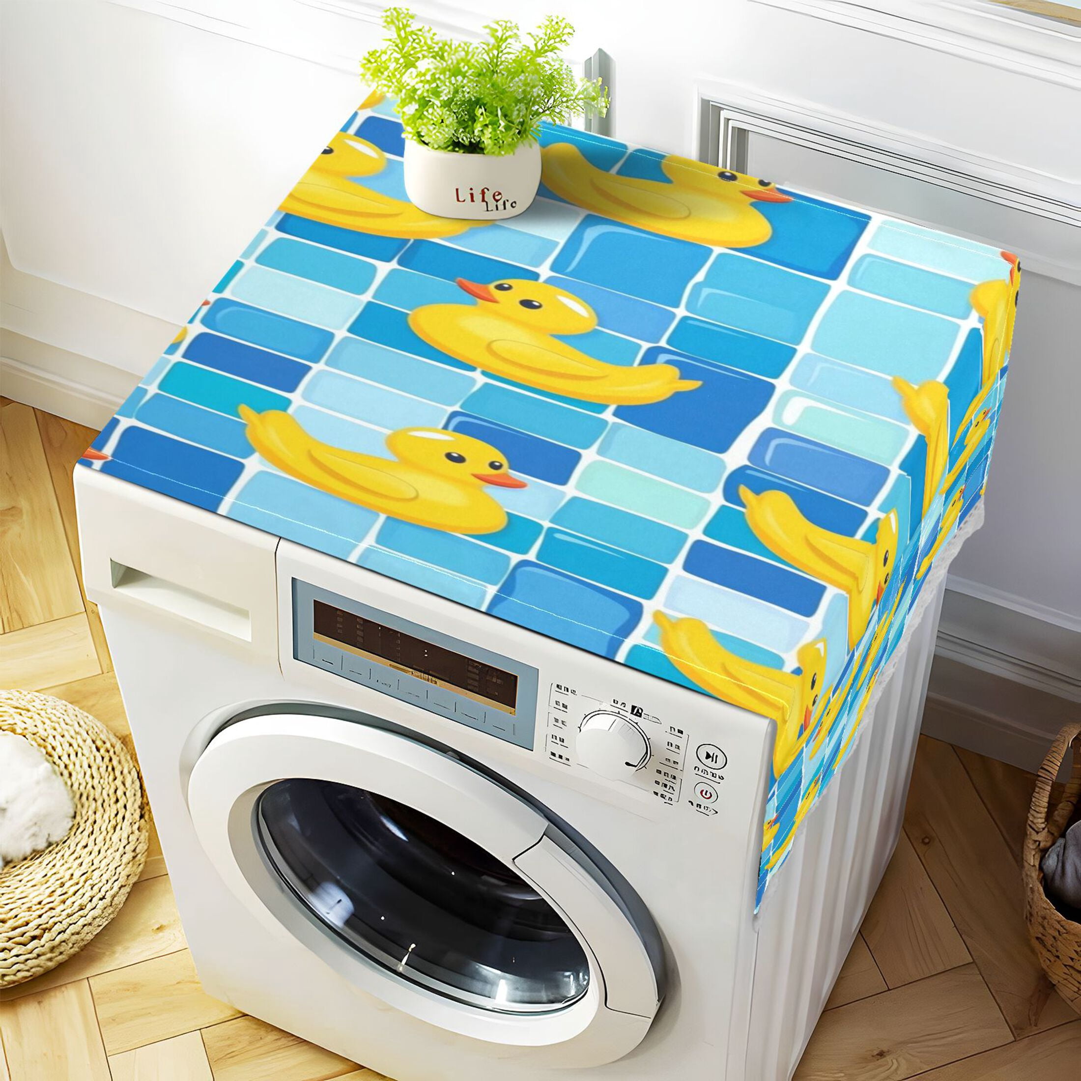 Washing Machine Cover 51.2x22in, Durable Polyester Dust Cover with Lace Trim and Side Pocket for Appliances Tile Yellow Duck