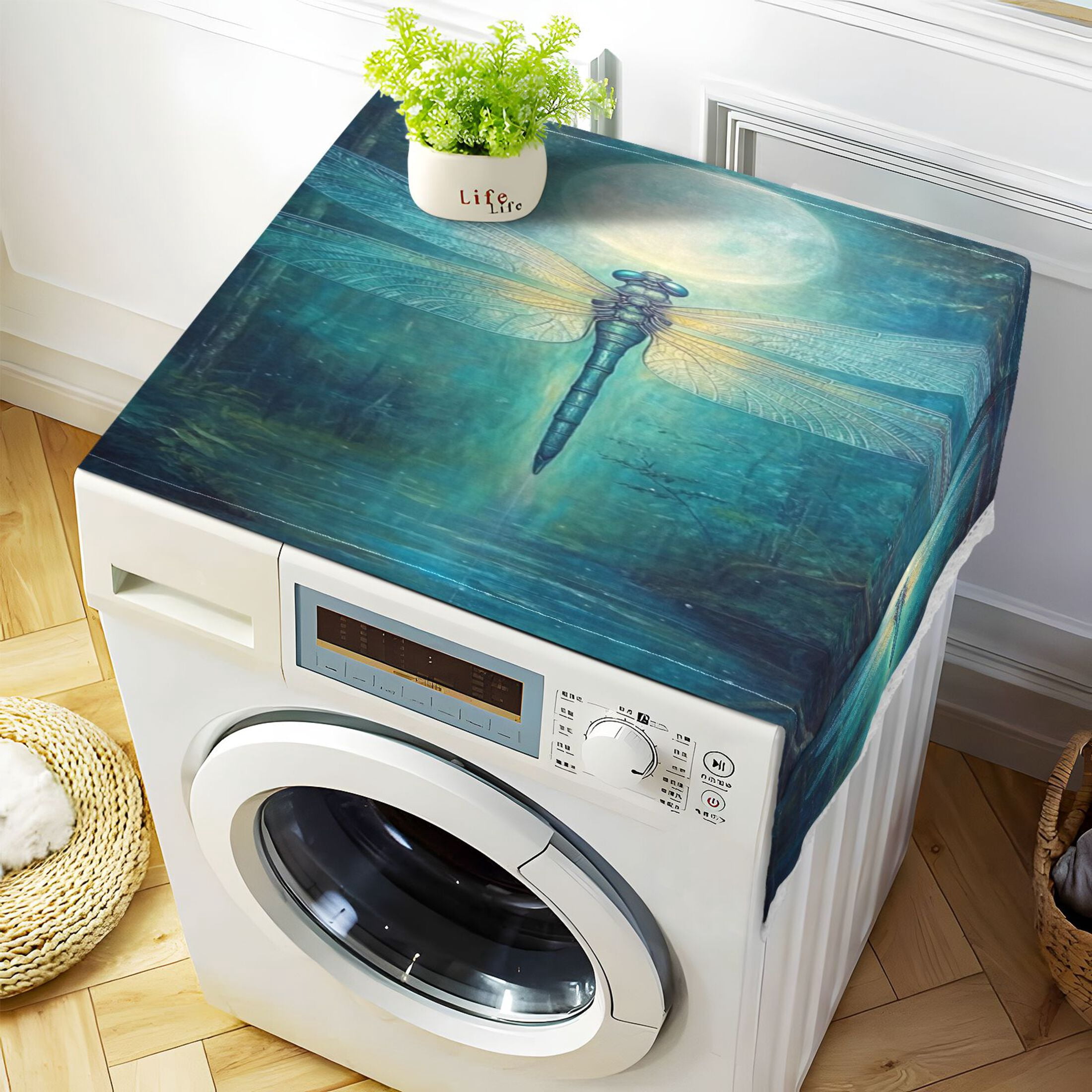 Washing Machine Cover 51.2x22in, Durable Polyester Dust Cover with Lace Trim and Side Pocket for Appliances Tranquility Dragonfly