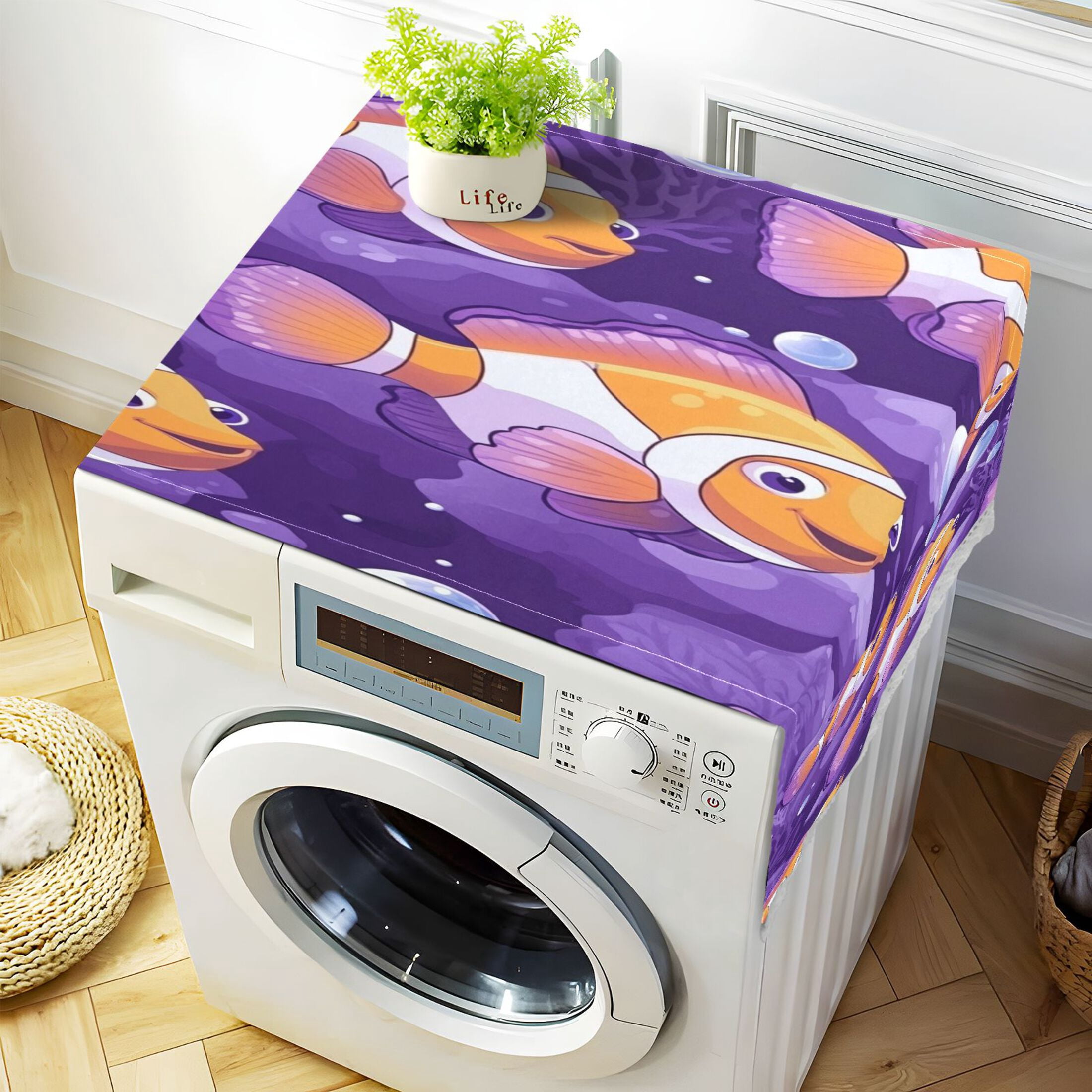 Washing Machine Cover 51.2x22in, Durable Polyester Dust Cover with Lace Trim and Side Pocket for Appliances Tropical Clownfish
