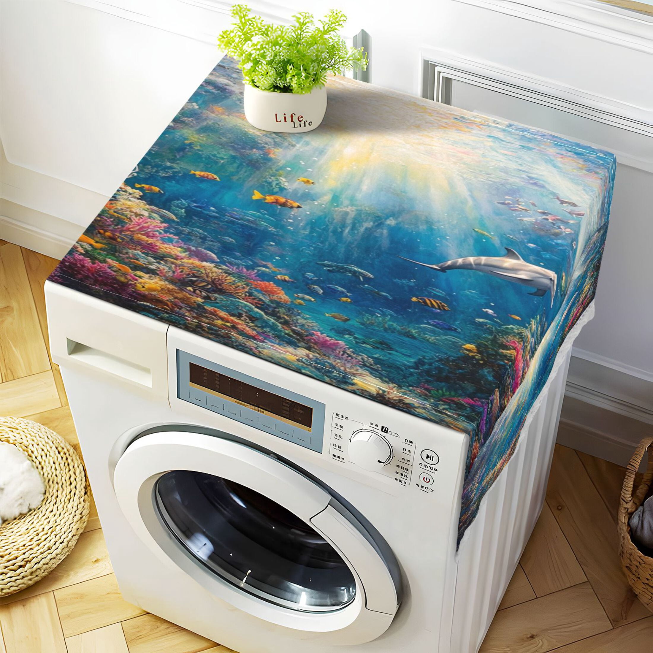 Washing Machine Cover 51.2x22in, Durable Polyester Dust Cover with Lace Trim and Side Pocket for Appliances Underwater World