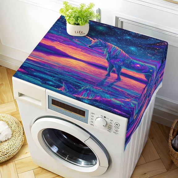 Washing Machine Cover 51.2x22in, Durable Polyester Dust Cover with Lace Trim and Side Pocket for Appliances Unicorn Horse