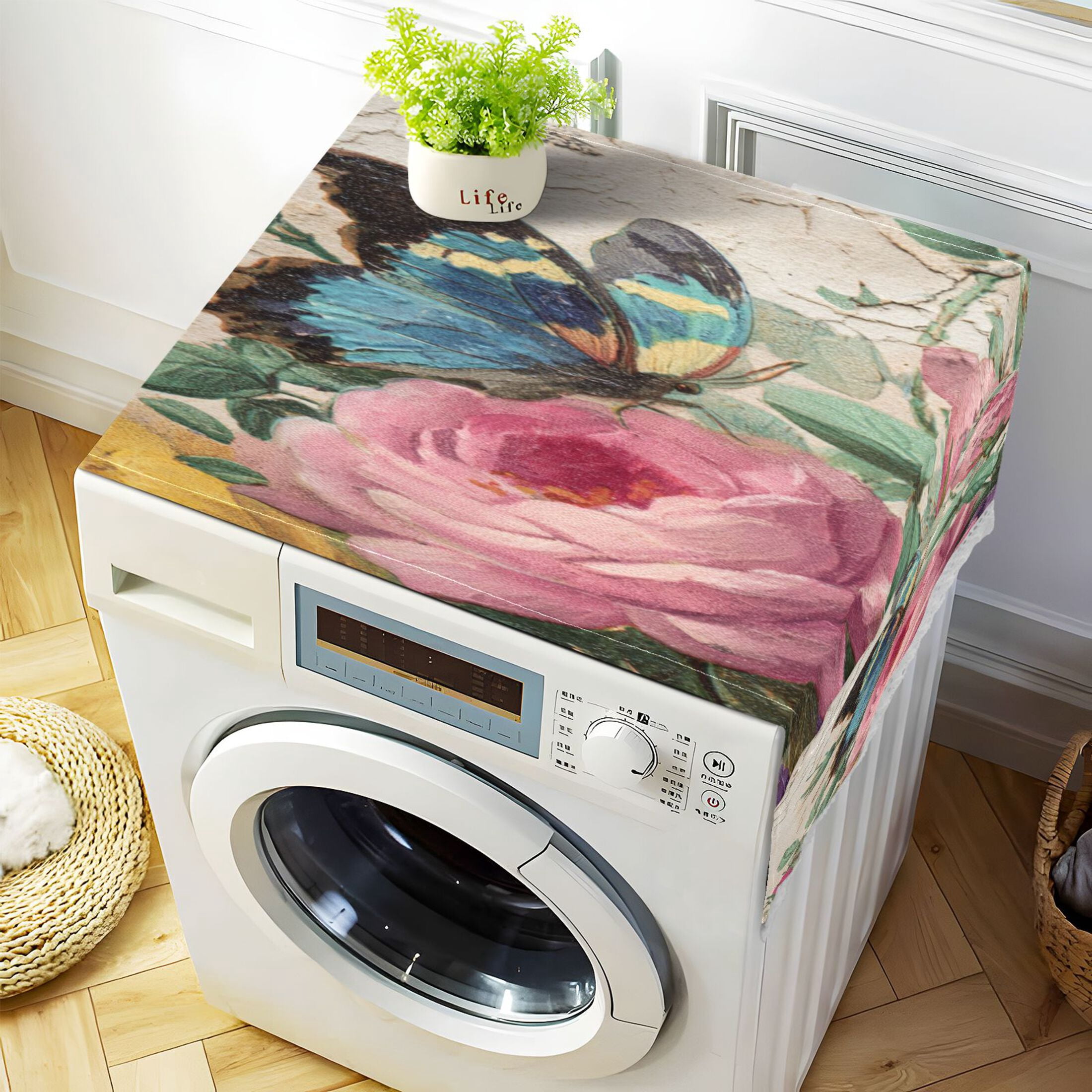 Washing Machine Cover 51.2x22in, Durable Polyester Dust Cover with Lace Trim and Side Pocket for Appliances Vintage Butterfly