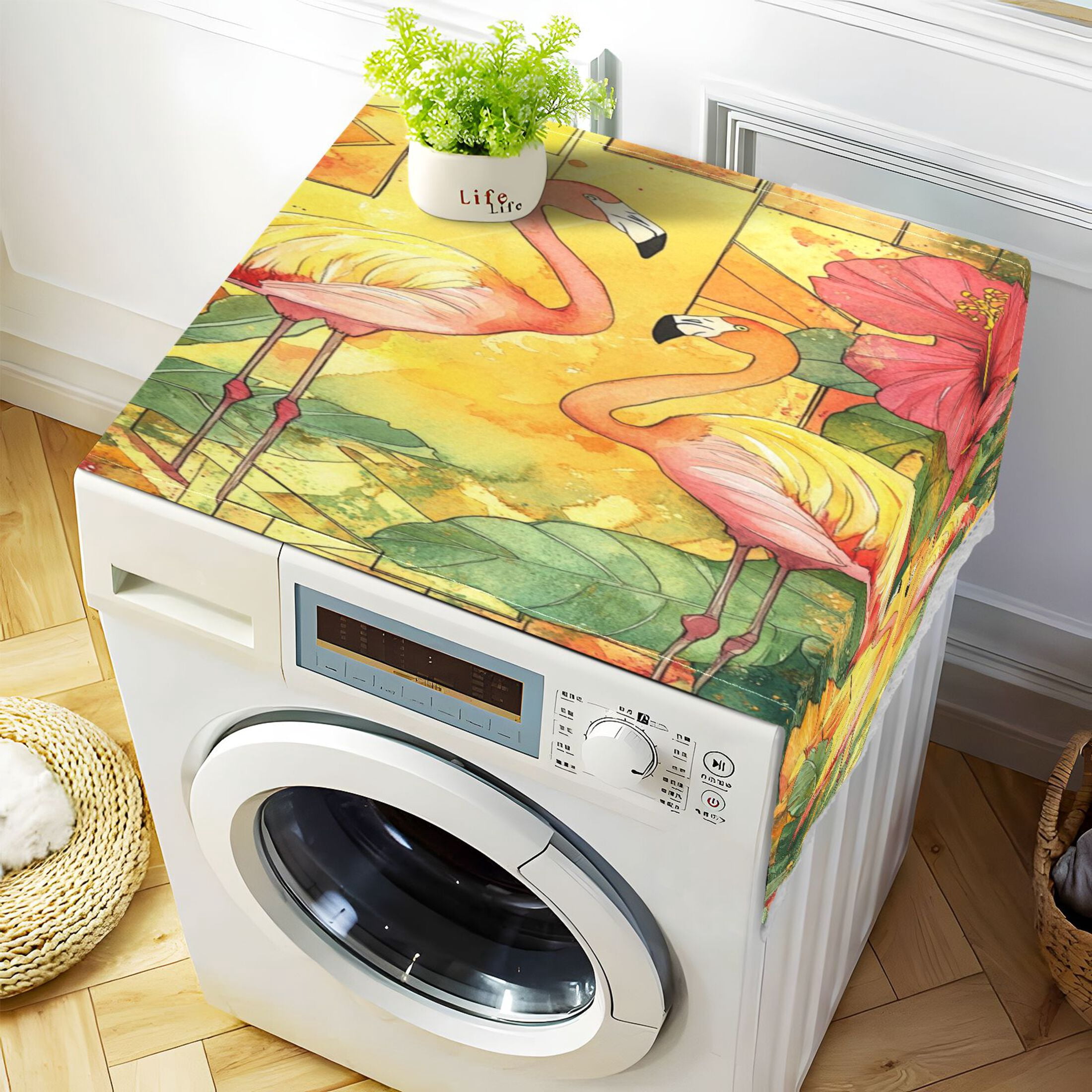 Washing Machine Cover 51.2x22in, Durable Polyester Dust Cover with Lace Trim and Side Pocket for Appliances Watercolor Flamingo