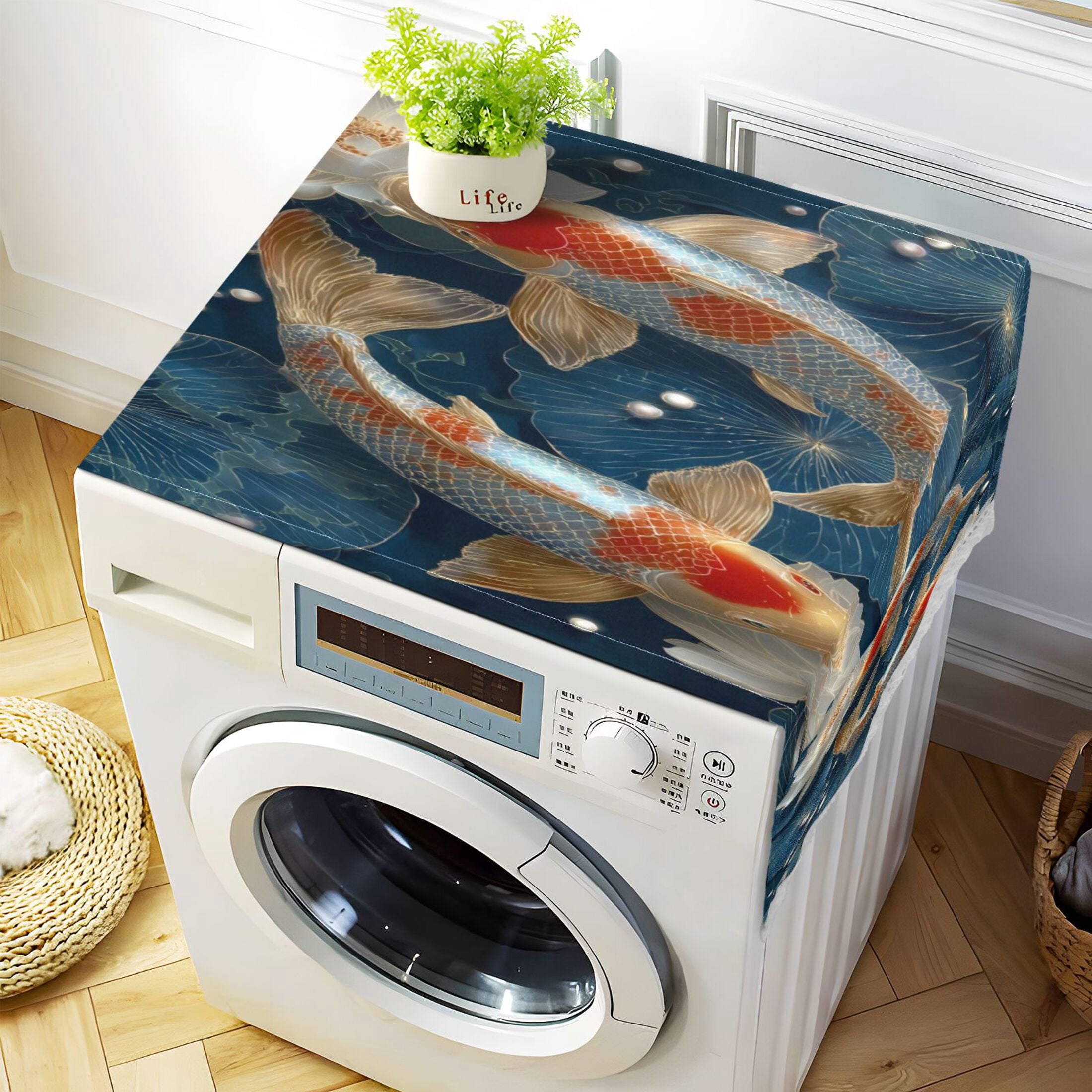 Washing Machine Cover 51.2x22in, Durable Polyester Dust Cover with Lace Trim and Side Pocket for Appliances White Brocade Carp