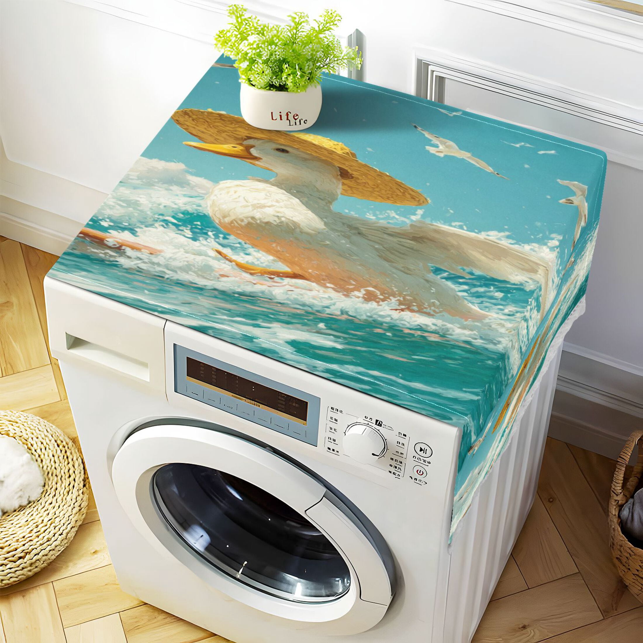 Washing Machine Cover 51.2x22in, Durable Polyester Dust Cover with Lace Trim and Side Pocket for Appliances White Duck