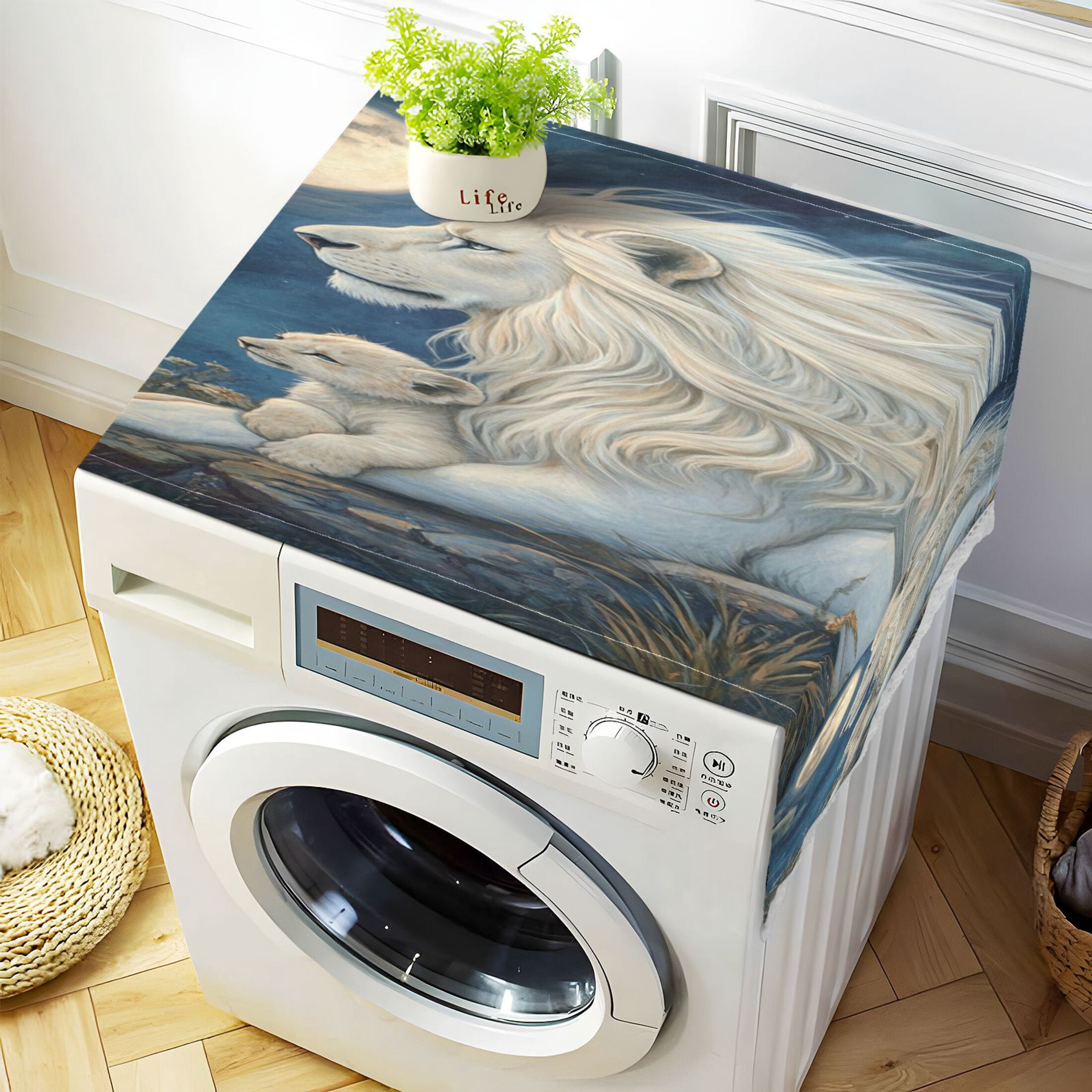 Washing Machine Cover 51.2x22in, Durable Polyester Dust Cover with Lace Trim and Side Pocket for Appliances White Maned Lion