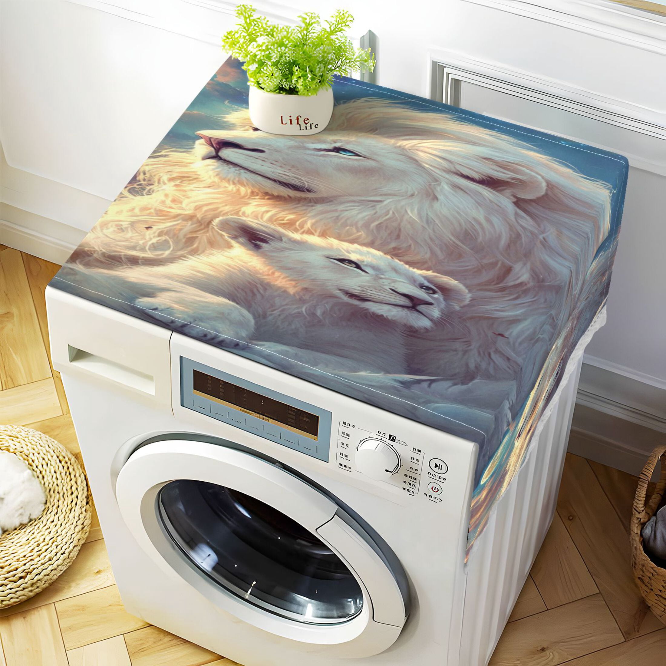 Washing Machine Cover 51.2x22in, Durable Polyester Dust Cover with Lace Trim and Side Pocket for Appliances White Maned Lions
