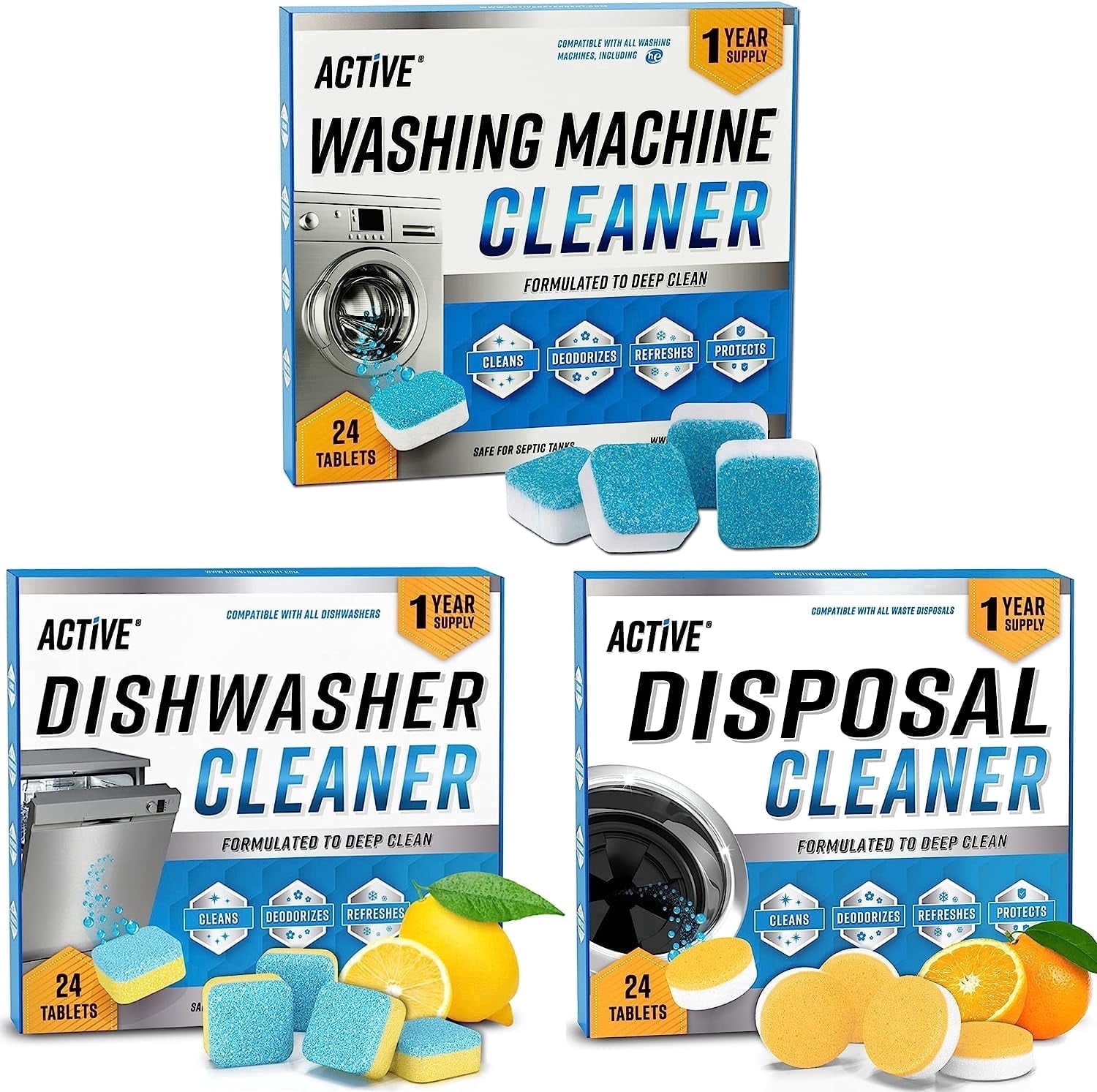 Active Washing Machine, Dishwasher, Disposal Cleaning Tablets Bundle, 72 Ct, 12 Mo Supply