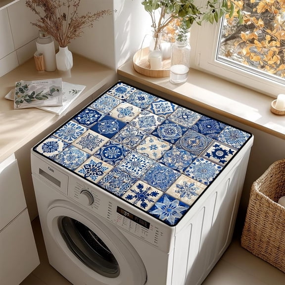 Blue & White Moroccan Tile Print Washer Dryer Top Cover, Waterproof Non-Slip Laundry Appliance Protector Mat, Boho Decor, 23.6"x19.7"