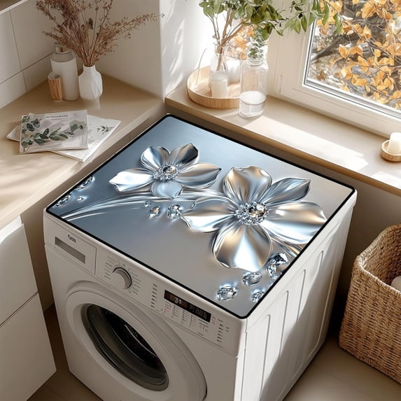 Floral Print Washer Dryer Top Cover, Waterproof Non-Slip Washing Machine Protector Mat for Laundry Room, Decorative Appliance Top Pad, 23.6"x19.7"
