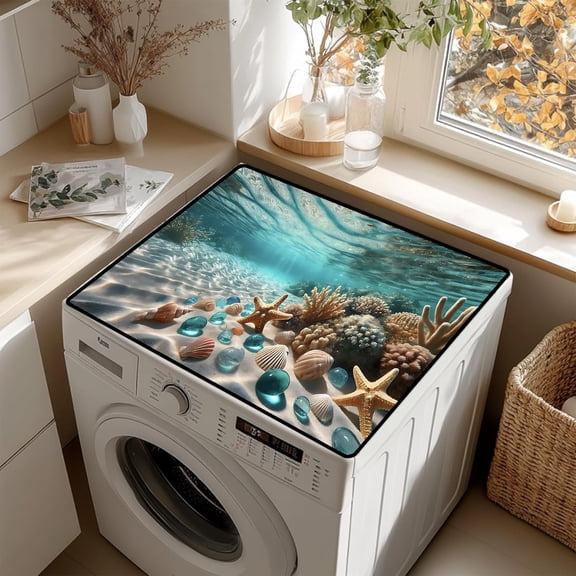 Ocean Seashell Print Washer Dryer Top Cover, Waterproof Non-Slip Laundry Appliance Protector Mat, Beach Themed Decor, 23.6"x19.7"