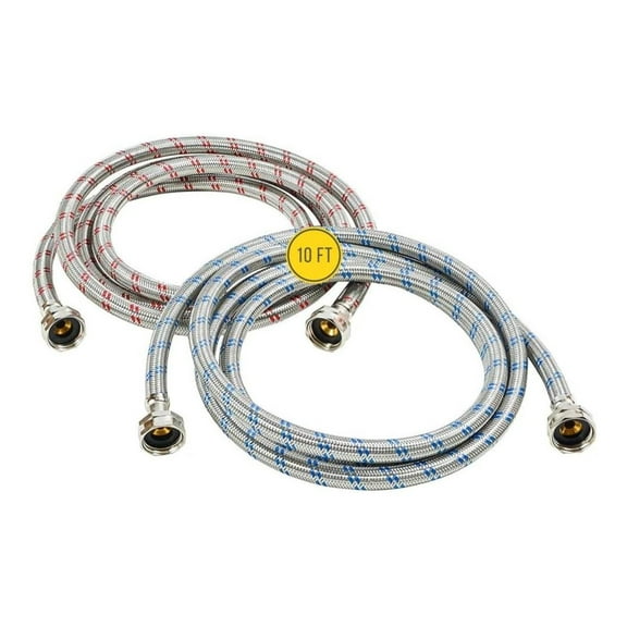 Washing Machine Hoses (10FT) - OCT Connect for Easy & Secure Tightening - Universal Fit to All Wash Machines - (2 Pack) Stainless Steel - Proof Washer Water Supply Line