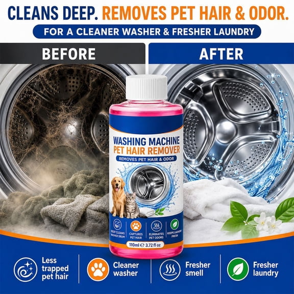 Washing Machine Pet Hair Remover Odor Eliminator Deep Cleaning Solution for Pet Owners Safe for All Washers Fresh Laundry