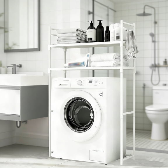 Washing Machine Shelf Over Washer and Dryer Organizer, Over Laundry Storage Shelf for Towels & Detergents (Black/White)