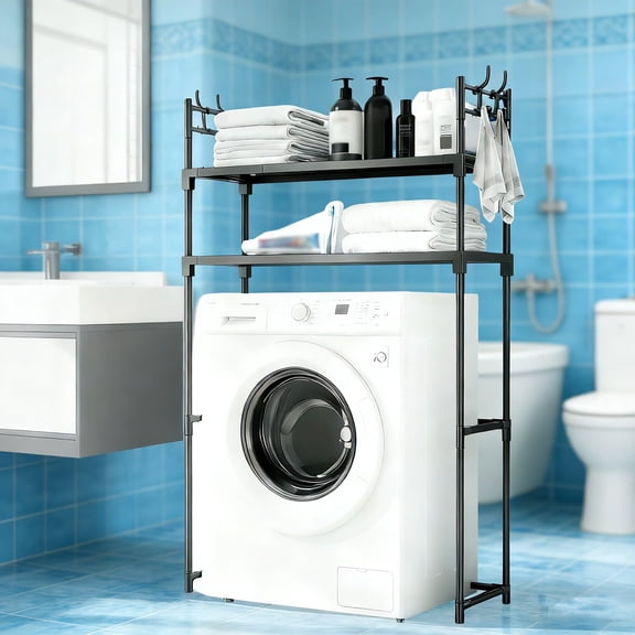 Washing Machine Shelf Over Washer and Dryer Organizer, Over Laundry Storage Shelf for Towels & Detergents (Black/White)