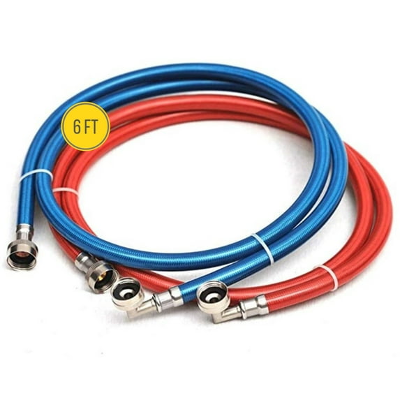 Washing Machine Stainless Steel Braided 90 degree elbow Water Supply Line Hoses - Premium 6 ft Burst Proof (2 pack) with Hot and Cold Color Coded PVC Layer for Insulation and Added Home Protection