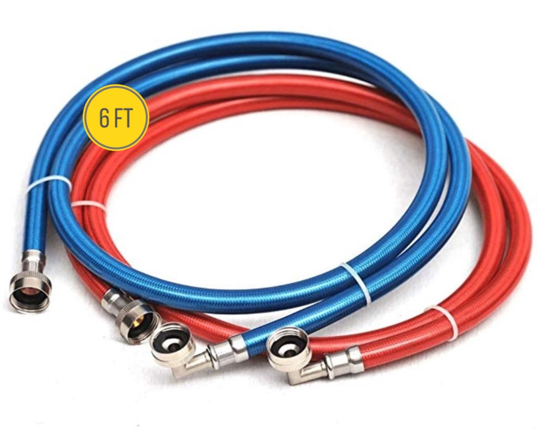 Washing Machine Stainless Steel Braided 90 degree elbow Water Supply Line Hoses - Premium 6 ft Burst Proof (2 pack) with Hot and Cold Color Coded PVC Layer for Insulation and Added Home Protection