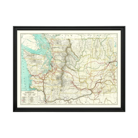 Washington Art, 1928 Vintage Map of Washington History Wall Decor Gift, Old Washington Map - 24" x 18" Black Framed Print