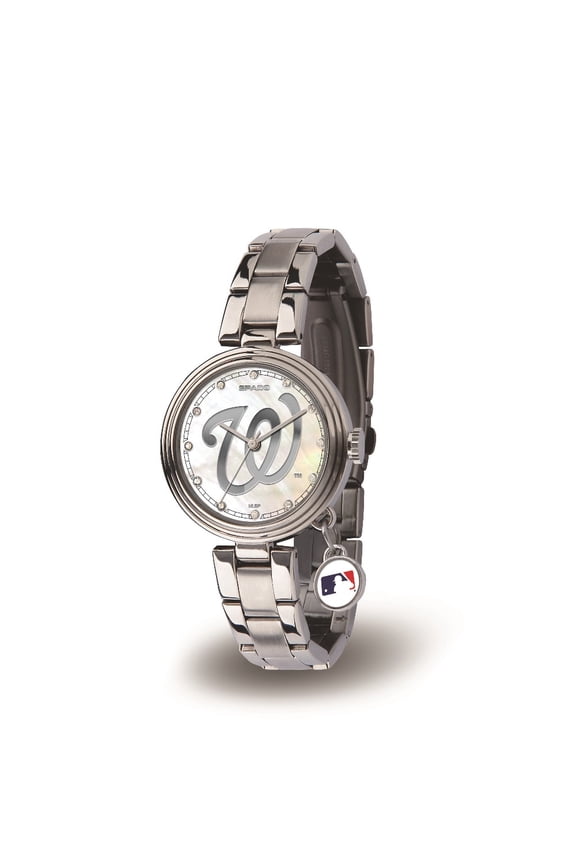 Washington Baseball Nationals Charm Watch with Mother of Pearl Dial & Stainless Steel Band