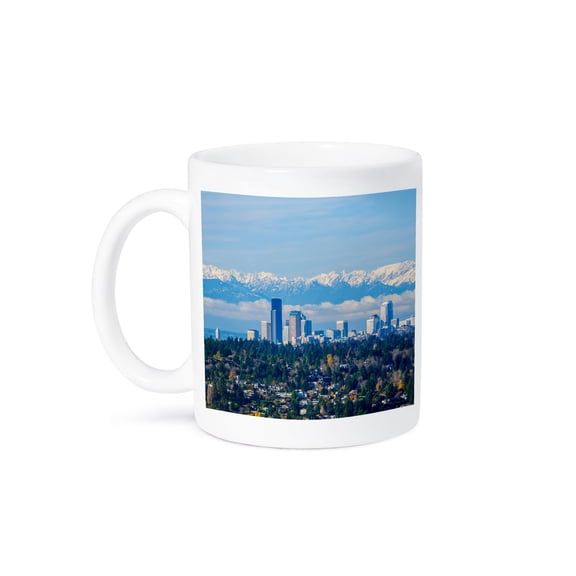 3drose, Washington, Bellevue. Seattle Skyline and Olympic Mountains., 11oz Mug