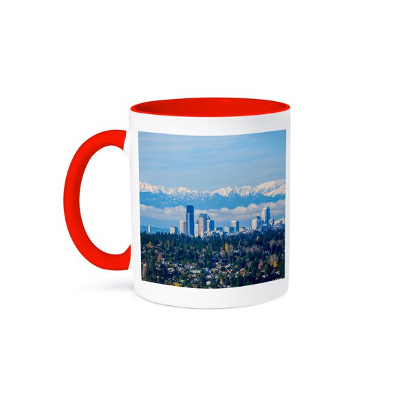 3drose, Washington, Bellevue. Seattle Skyline and Olympic Mountains., 11oz Two-tone Red Mug