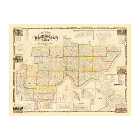 Washington County Ohio Art, 1858 Vintage Map of Washington County OH History Wall Decor Gift, Old Washington County OH Map - 36" x 24" Unframed Print