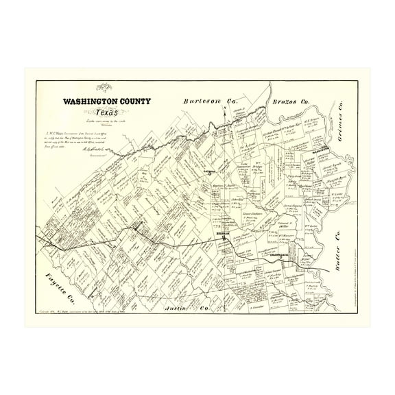 Washington County Texas Art, 1879 Vintage Map of Washington County TX History Wall Decor Gift, Old Washington County TX Map - 36" x 24" Unframed Print