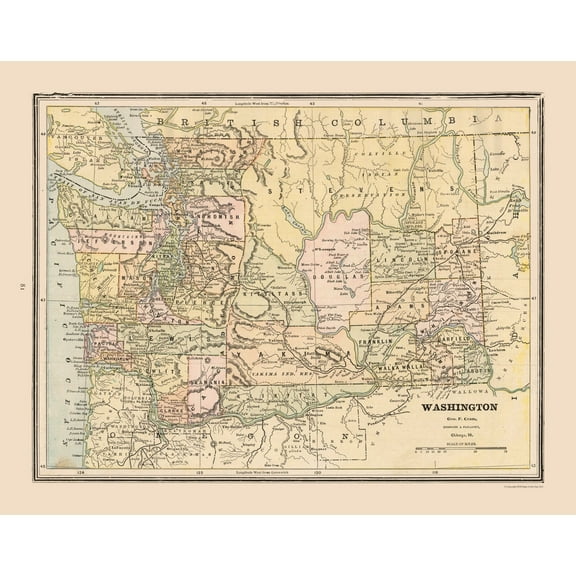 Historic State Map - Washington - Cram 1888 - 29.19 x 23 - Vintage Wall Art