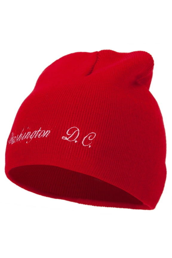Washington D.C. Letter Design Embroidered 8 Inch Knitted Short Beanie - Red OSFM