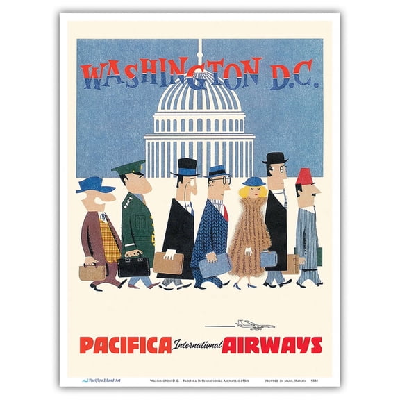 Washington D.C. - Pacifica International Airways - Vintage Airline Travel Poster c.1960 - Master Art Print (Unframed) 9in x 12in