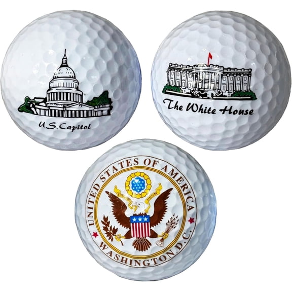 Washington D.C. Souvenir Golf Ball Set  3-Pack Featuring The U.S. Capitol, The White House & The Presidential Great Seal of The United States  Collectible Gift for Golfers & Patriotic Americans
