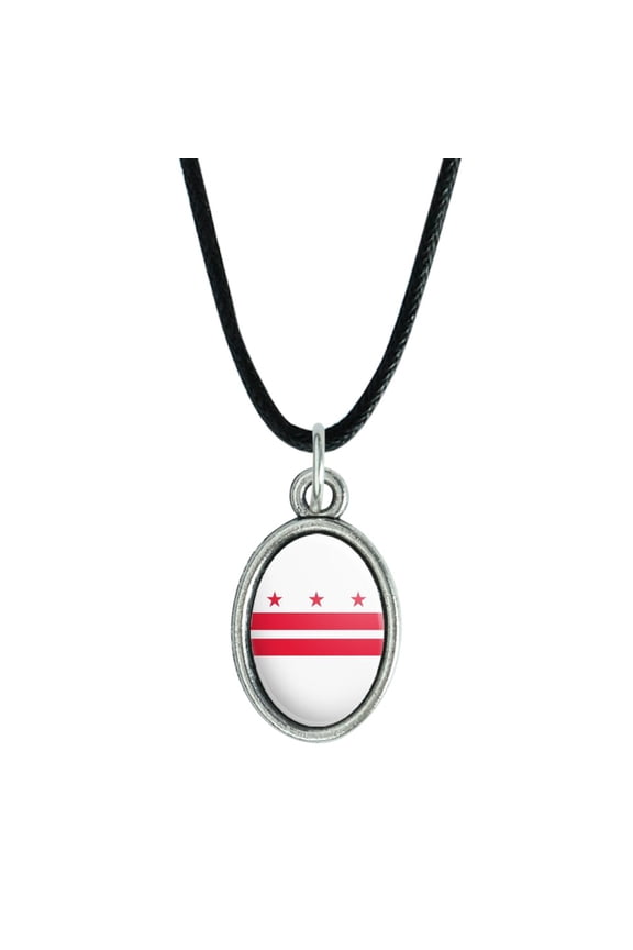Washington D.C. The District of Columbia Flag Antiqued Oval Charm Pendant with Black Satin Cord