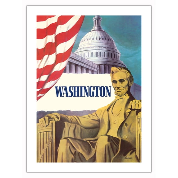 Washington D.C. - The Lincoln Memorial - Vintage Travel Poster by Frank Lacano c.1951 - Bamboo Fine Art 290gsm Paper Print (Unframed) 18x24in