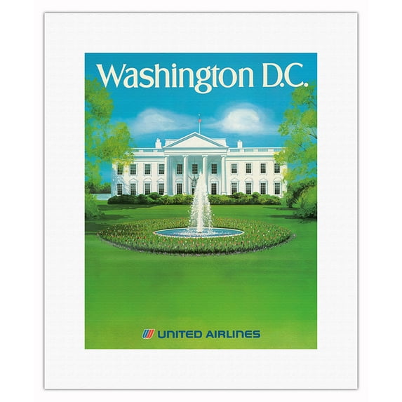 Washington D.C. - The White House Fountain - United Air Lines - Vintage Travel Poster by M. Sauck - Fine Art Rolled Canvas Print 11in x 14in
