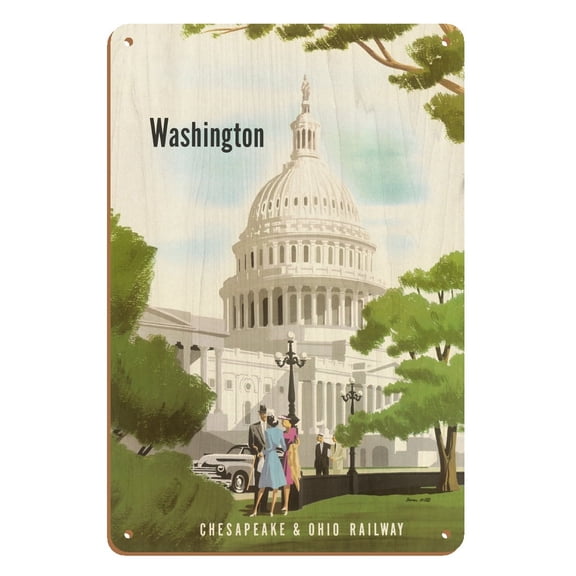 Washington D.C. - United States Capitol Building - Chesapeake Ohio Railway - Vintage Railroad Travel Poster by Bern Hill c.1950 - 8 x 12 inch Vintage Wood Art Sign