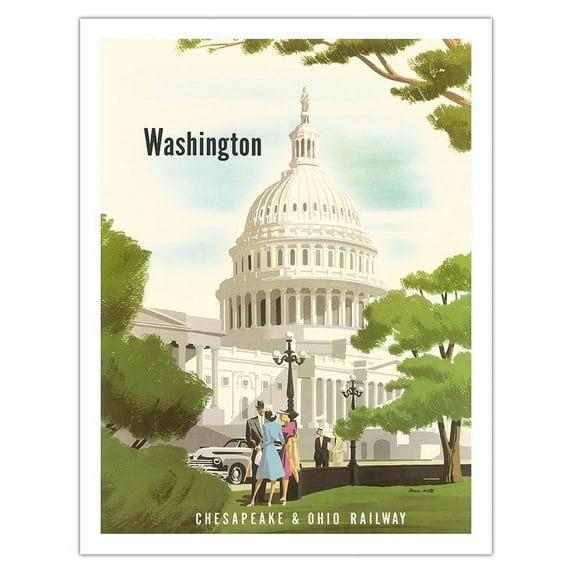Washington D.C. - United States Capitol Building - Chesapeake Ohio Railway - Vintage Railroad Travel Poster by Bern Hill c.1950 - Fine Art Matte Paper Print (Unframed) 20x26in