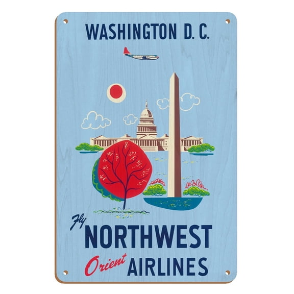 Washington D.C. - United States Capitol - Washington Monument - Fly Northwest Orient Airlines - Vintage Airline Travel Poster c.1950s - 8 x 12 inch Vintage Wood Art Sign