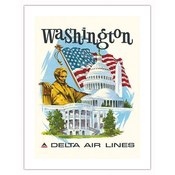 Washington DC - Delta Air Lines - Vintage Airline Travel Poster by Fred Sweney c.1960s - Bamboo Fine Art 290gsm Paper (Unframed) 17x22in