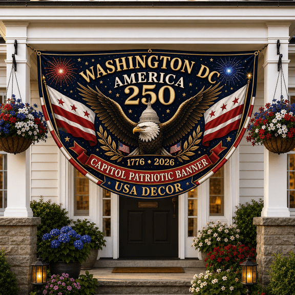 Washington DC Flag Bunting Banner, America 250 Capitol Patriotic Porch Decor