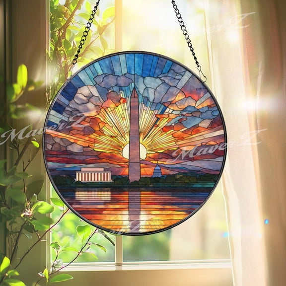 Washington DC Glass Suncatcher, Round Monument Sunset Panel, 7.9 in
