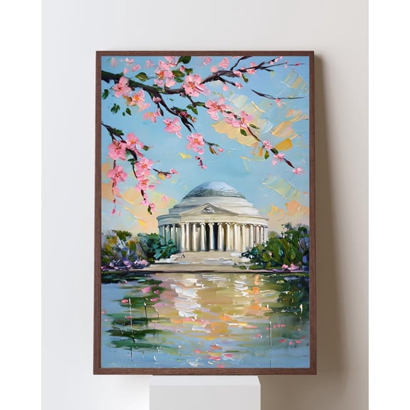 Washington DC Jefferson Memorial Cherry Blossoms Tidal Basin Spring Reflection Travel Decor, Stretched Canvas