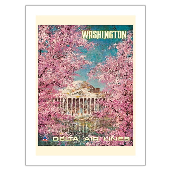 Washington DC - White House - Delta Air Lines - Vintage Airline Travel Poster by Jack Laycox c.1960s - Bamboo Fine Art 290gsm Paper Print (Unframed) 24x32in