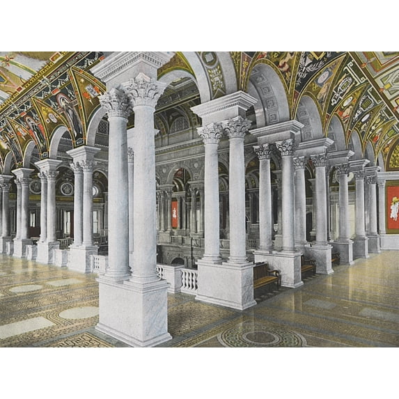 Washington Dc, Usa - Library Of Congress - Stairhall Columns Print By Mary Evans Grenville Collins Postcard Collection
