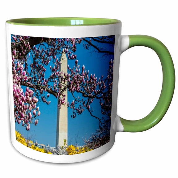 3drose, Washington Dc. Washington Monument Springtime with Blooming Trees., 11oz Two-tone Green Mug